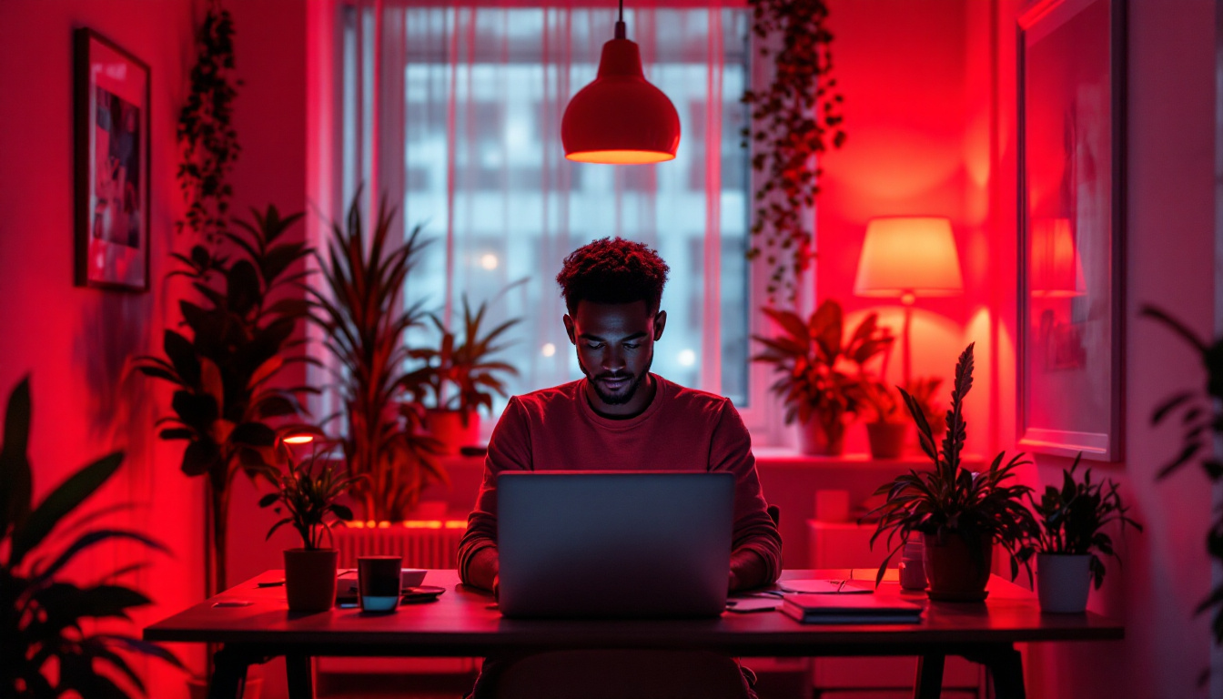 A photograph of a modern office space bathed in warm red light
