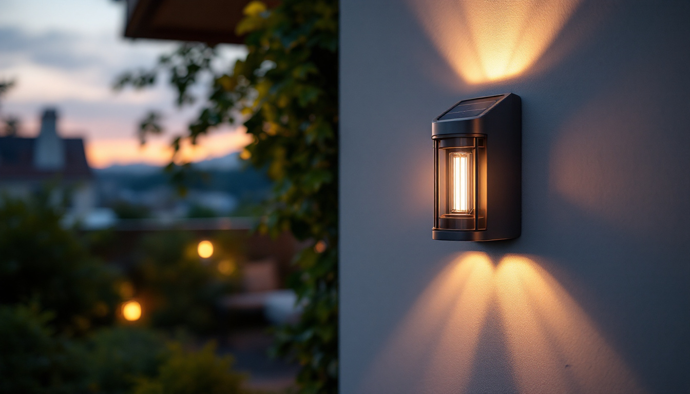 A photograph of a stylish solar lamp wall mount installed on an exterior wall