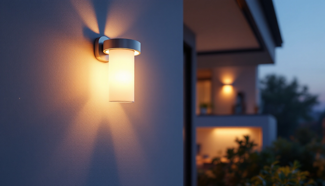 A photograph of a beautifully designed wall-mounted exterior light illuminating a modern home entrance at dusk