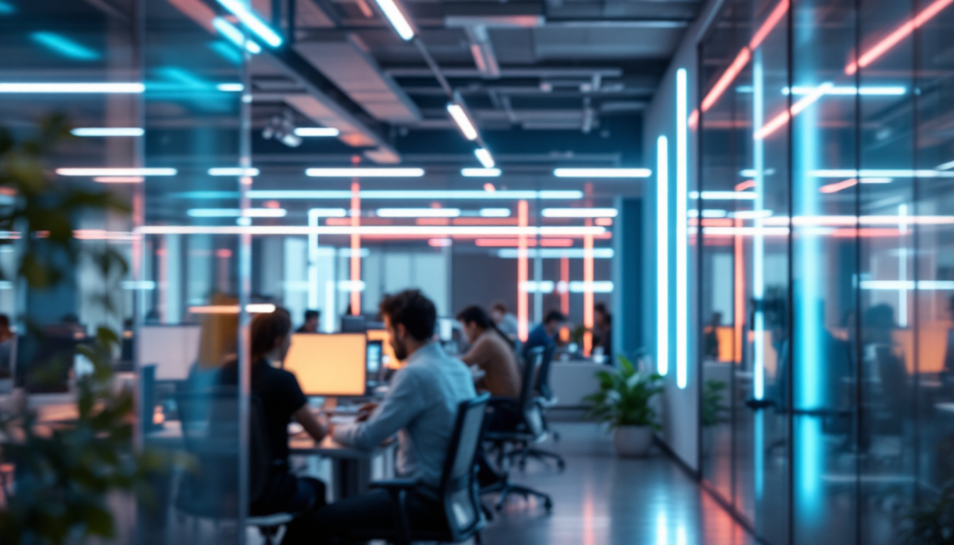 A photograph of a well-lit modern office space featuring vibrant light strips integrated into the design
