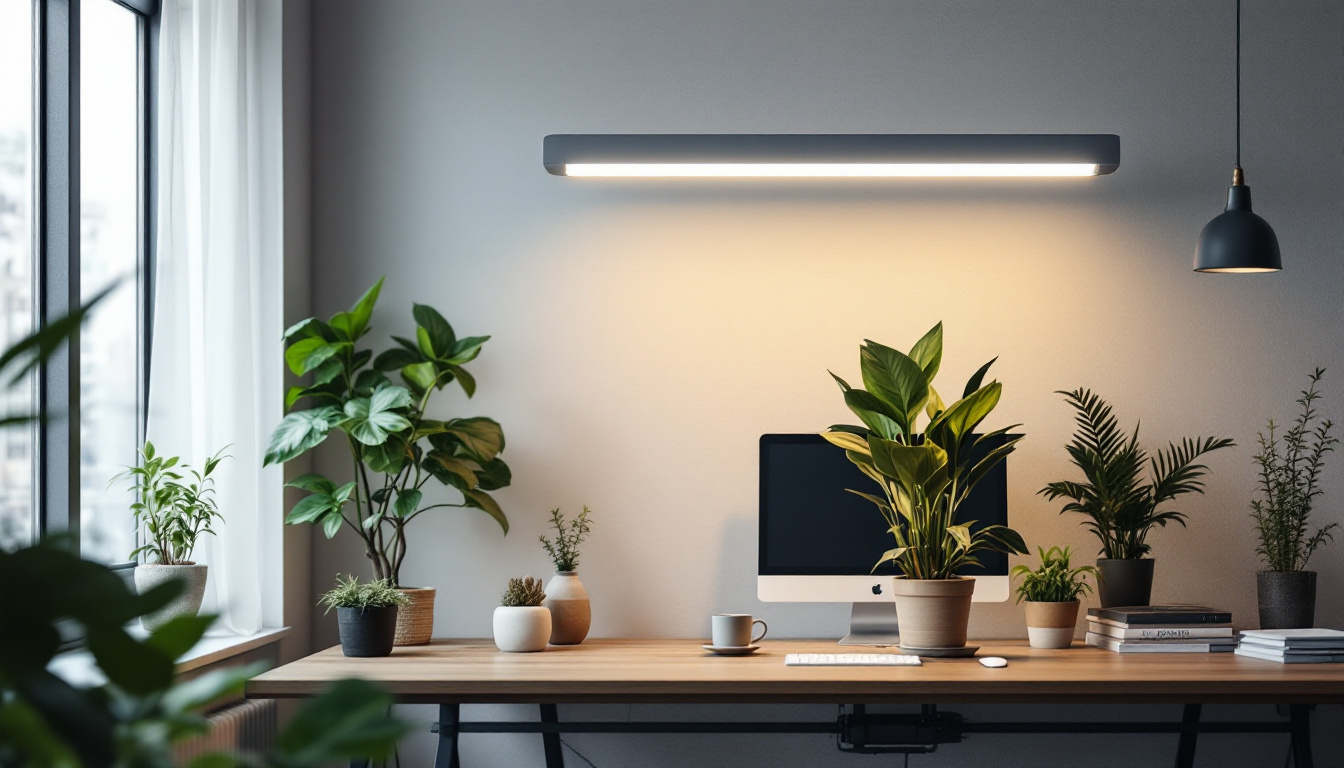 A photograph of capture a photograph of a sleek t8 led tube light in a modern workspace