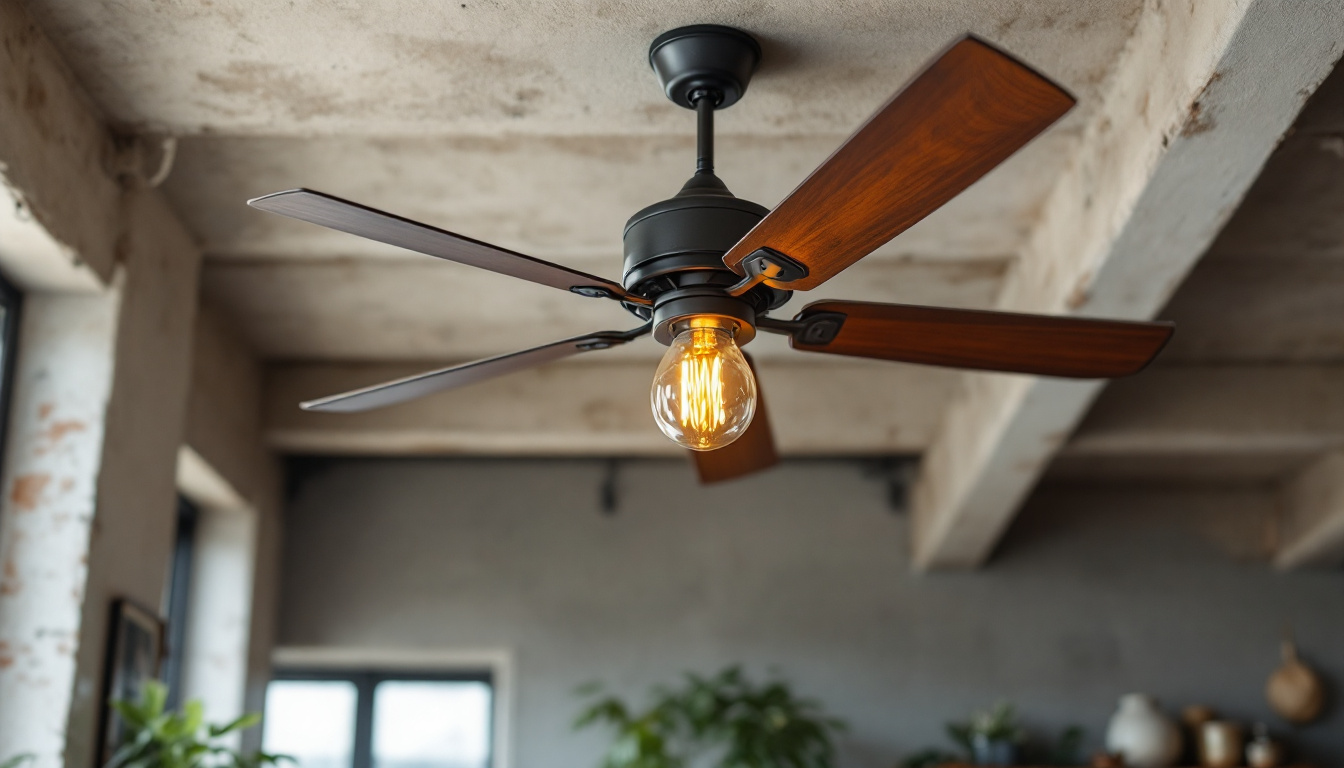 A photograph of a stylish industrial ceiling fan installed in a modern loft setting