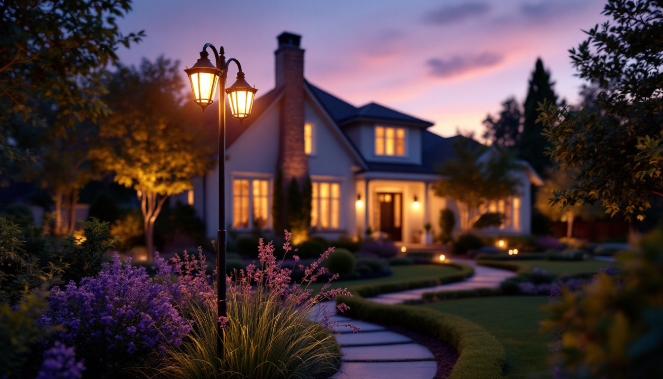 A photograph of a beautifully illuminated front yard featuring a stylish light pole