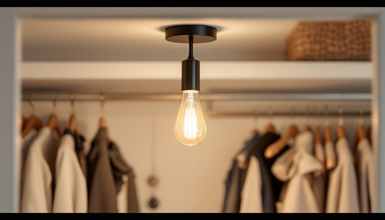A photograph of a stylish closet light fixture with a pull chain