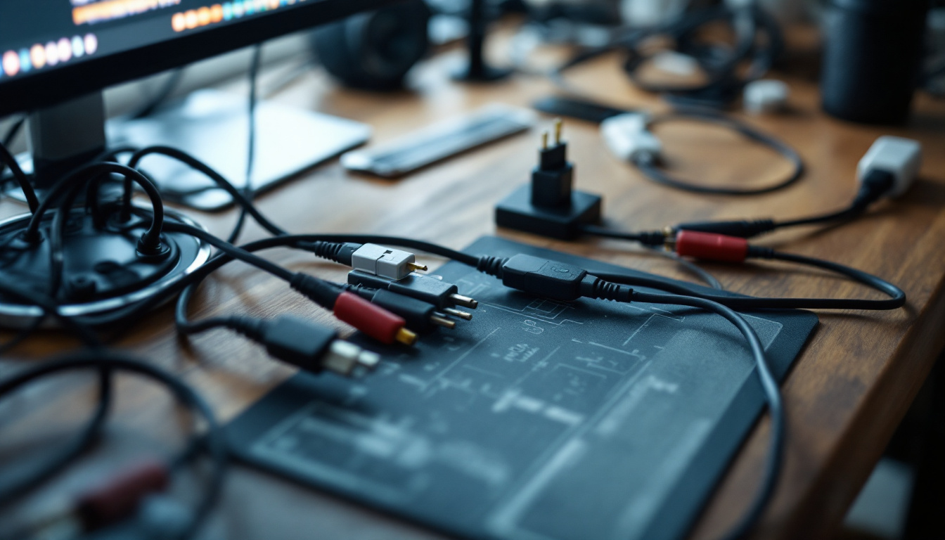 A photograph of a neatly organized workspace featuring various cords and plugs in use
