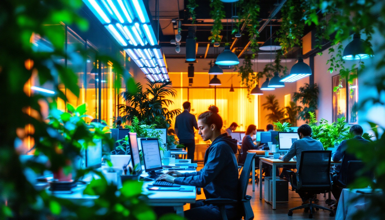 A photograph of a modern office space illuminated by vibrant growing lights