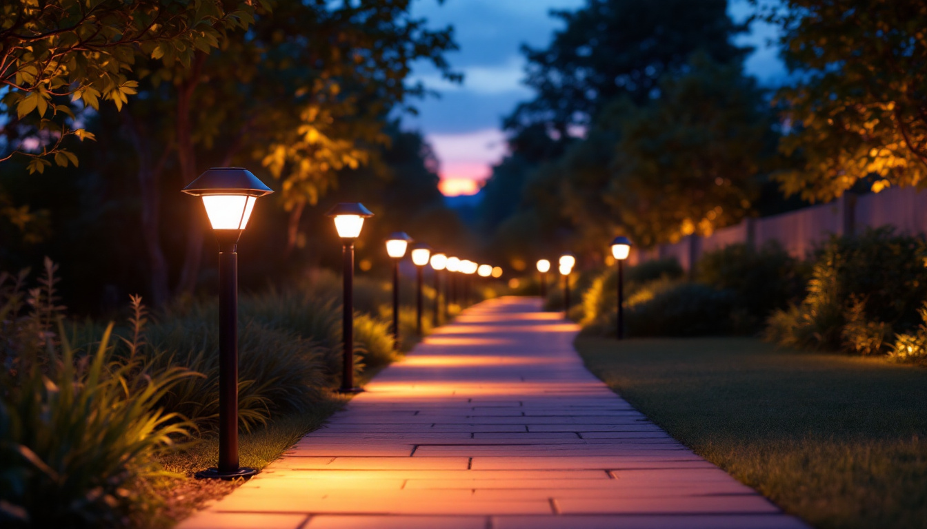 A photograph of a beautifully illuminated walkway at dusk