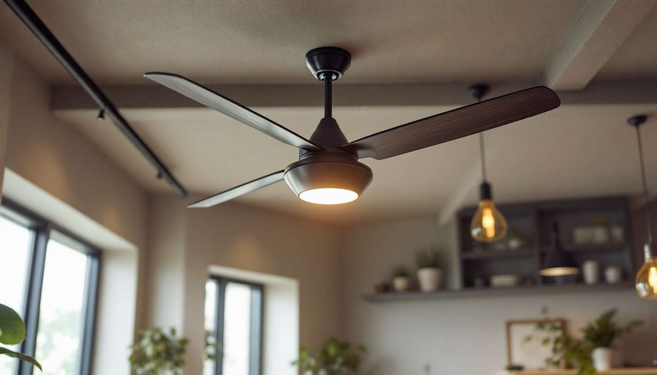 A photograph of a stylish industrial ceiling fan with integrated lighting installed in a modern