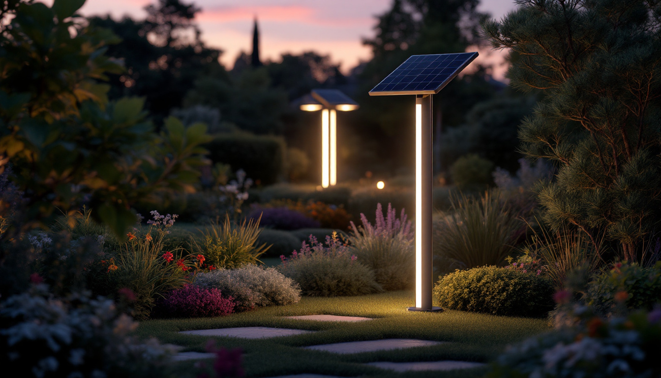 A photograph of a large outdoor solar lamp illuminated at dusk