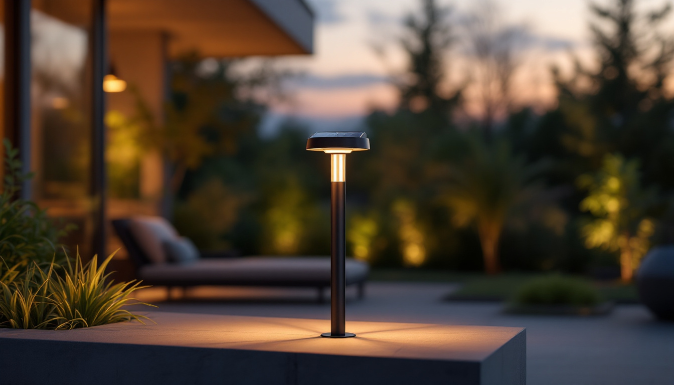 A photograph of a beautifully designed outdoor led solar lamp illuminating a modern outdoor space