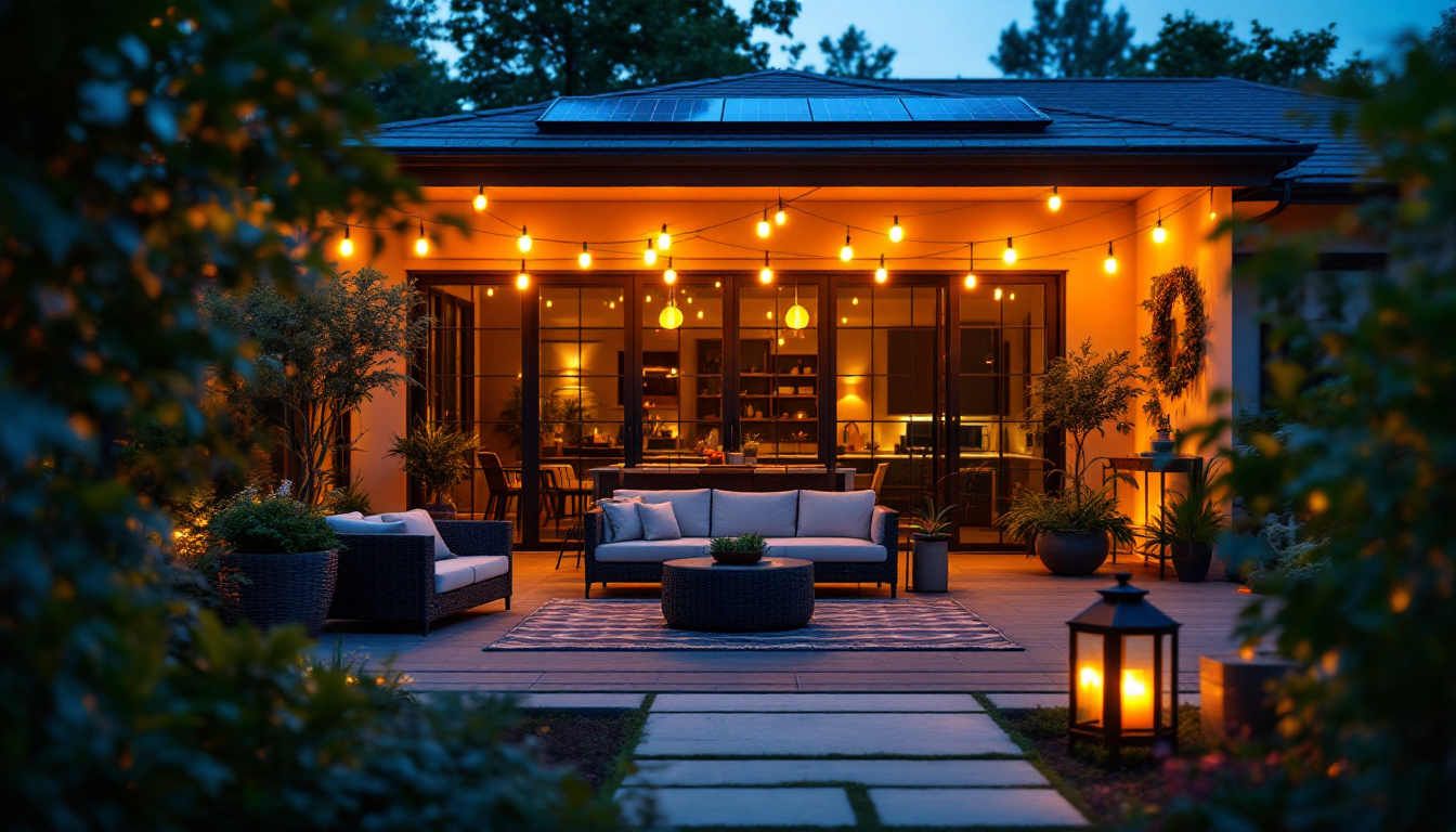 A photograph of a beautifully lit patio at dusk