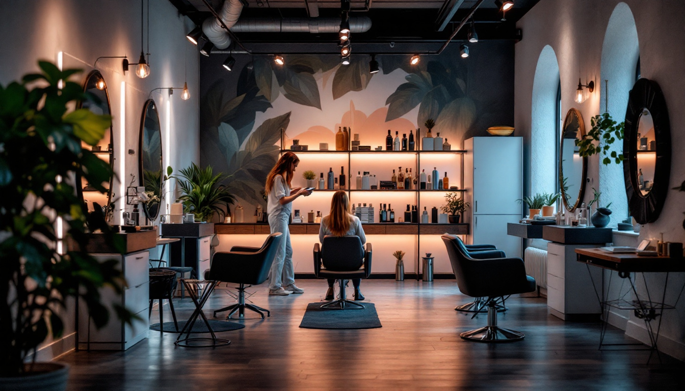 A photograph of a stylish hair salon interior showcasing various lighting setups