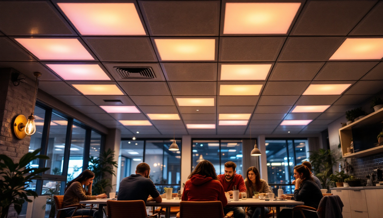 A photograph of a modern interior space showcasing ceiling tile lights in action