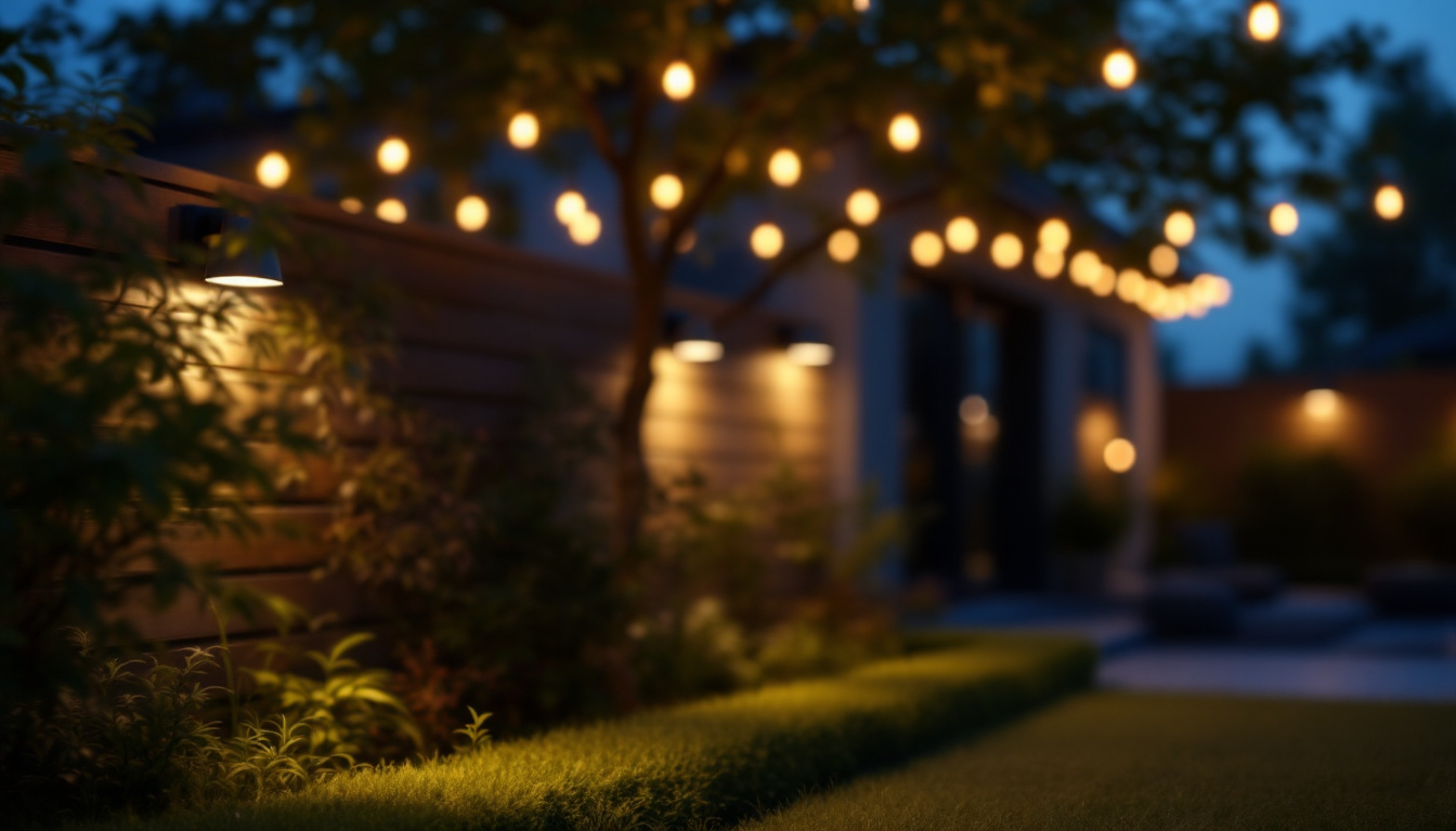 A photograph of a beautifully lit outdoor space showcasing various flood light fixtures illuminating a garden or patio area at dusk
