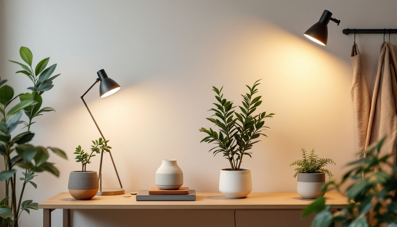 A photograph of a stylishly lit room showcasing four modern pot lights in various settings