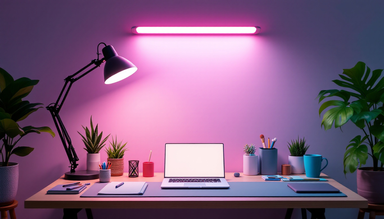 A photograph of a well-lit workspace featuring a stylish work led light illuminating a desk with organized tools