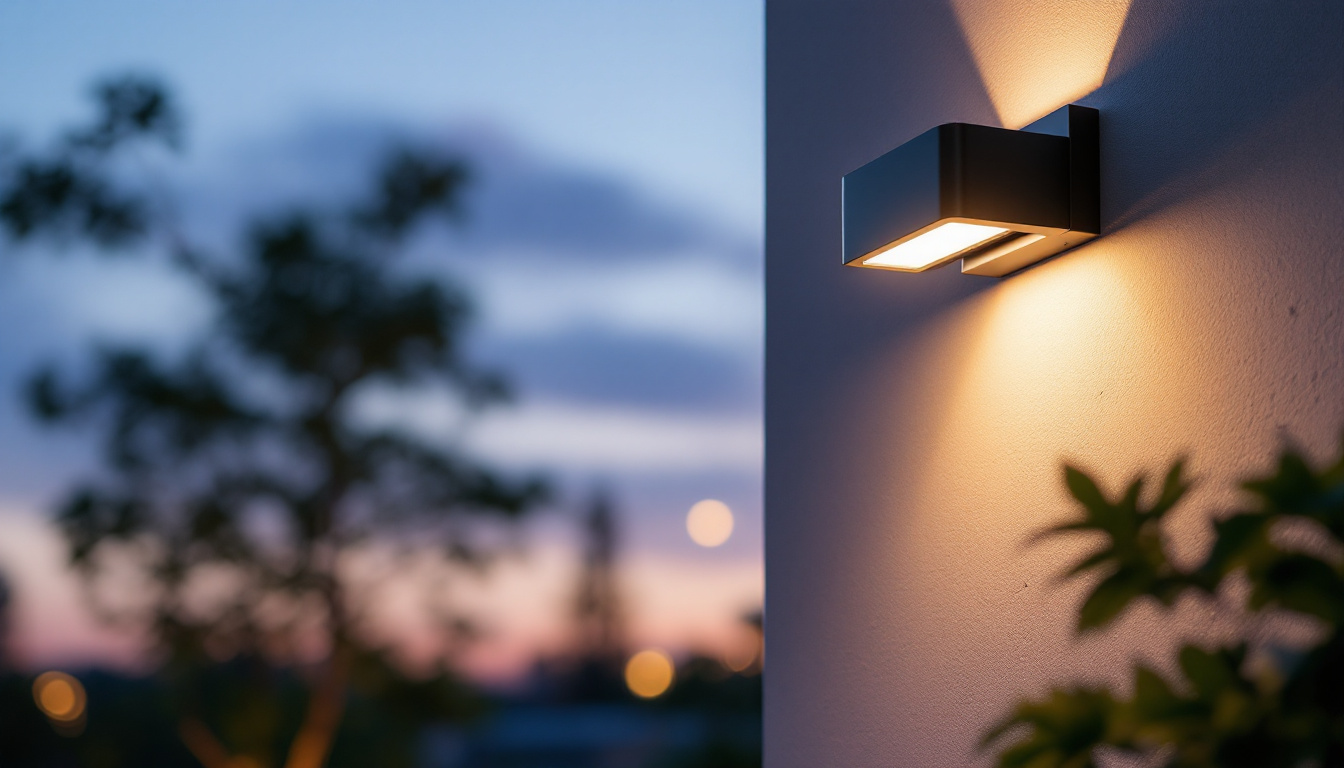 A photograph of a stylish wall-mounted solar lamp installed in an outdoor setting