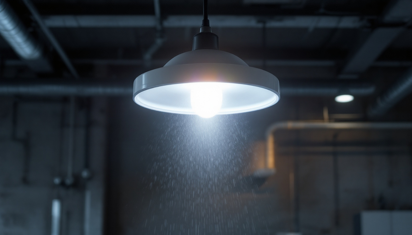 A photograph of a vapor tight light fixture installed in a commercial or industrial setting