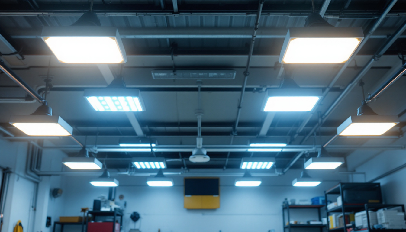 A photograph of a well-lit garage interior showcasing various led ceiling light fixtures in use