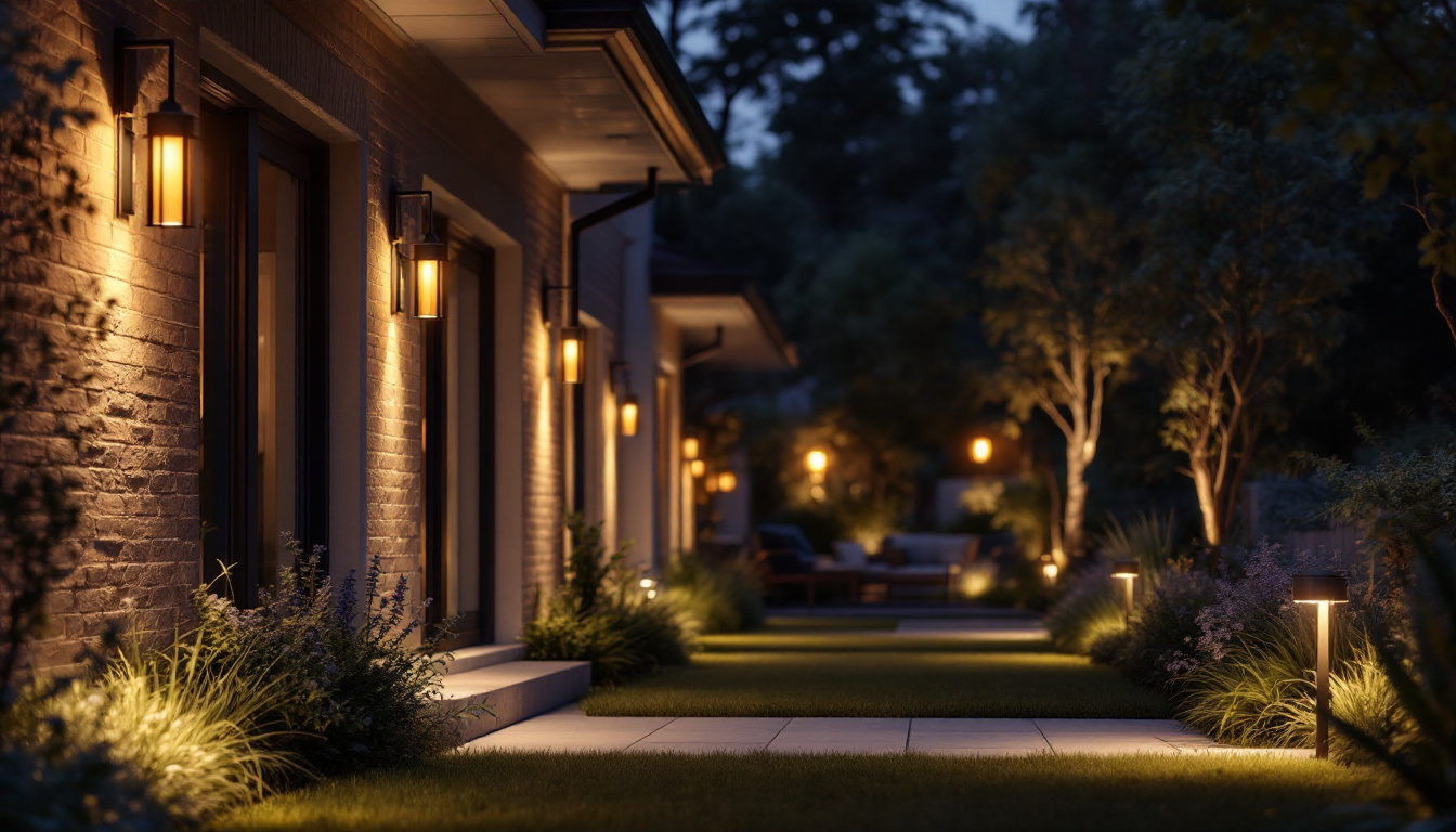 A photograph of a beautifully illuminated outdoor space showcasing a variety of stylish outdoor lights in both residential and commercial settings