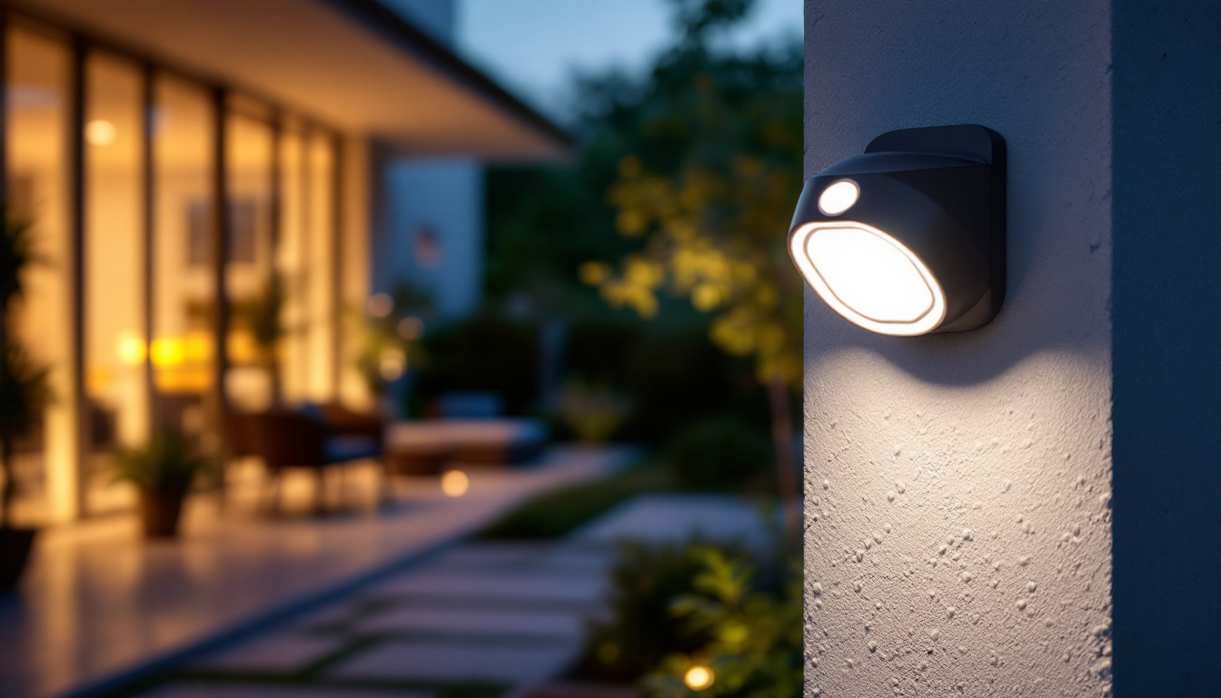 A photograph of a beautifully lit outdoor space showcasing a modern motion detector led light in action