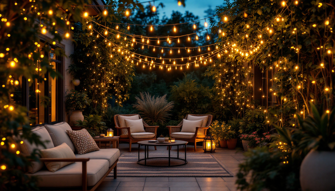 A photograph of a beautifully illuminated patio scene at dusk