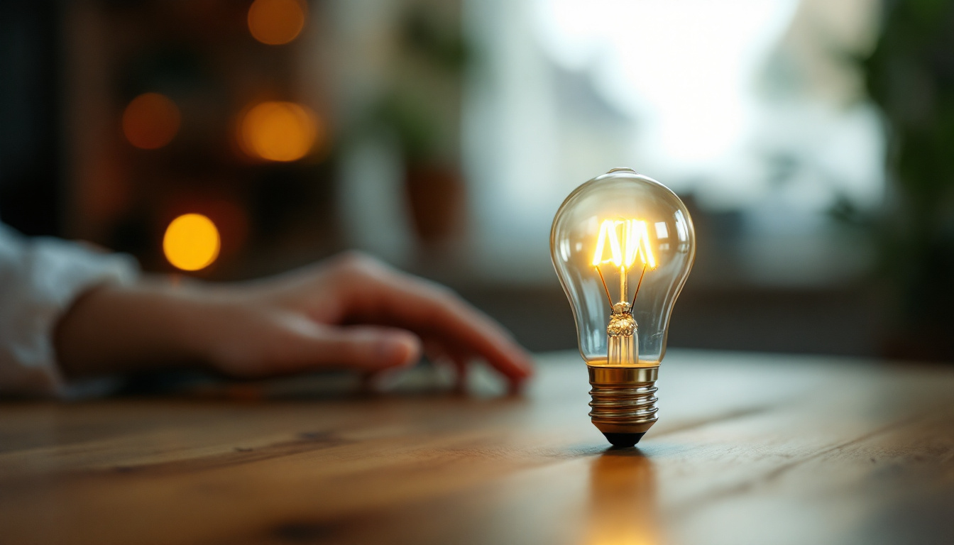 A photograph of a 15-watt type b bulb illuminated in a cozy setting