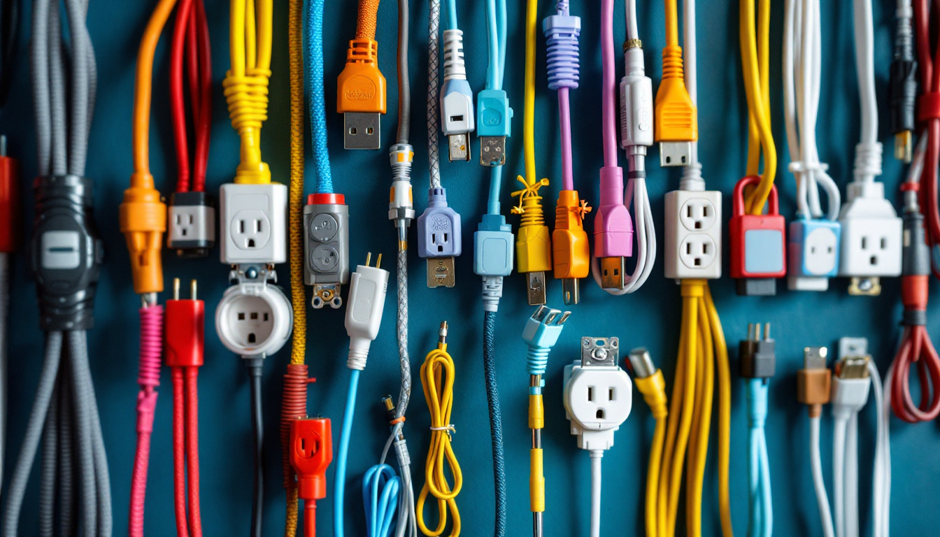 A photograph of a visually appealing display of various outlet wires for sale