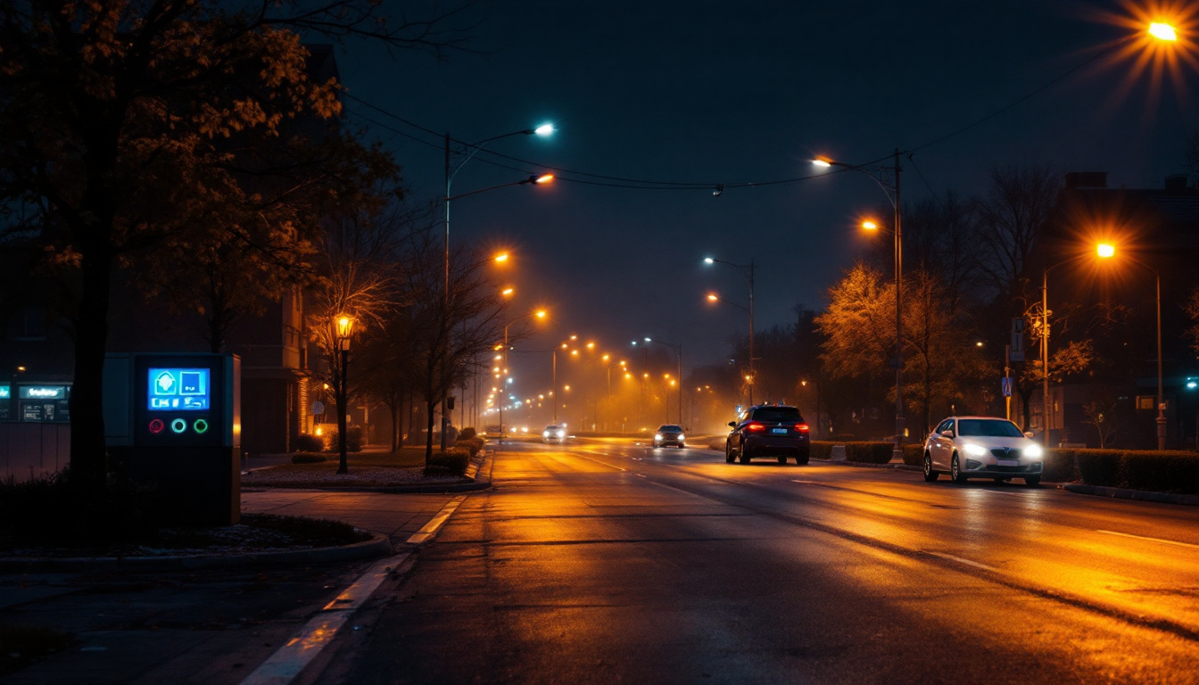A photograph of a well-lit scene showcasing different types of hid (high-intensity discharge) lighting in use