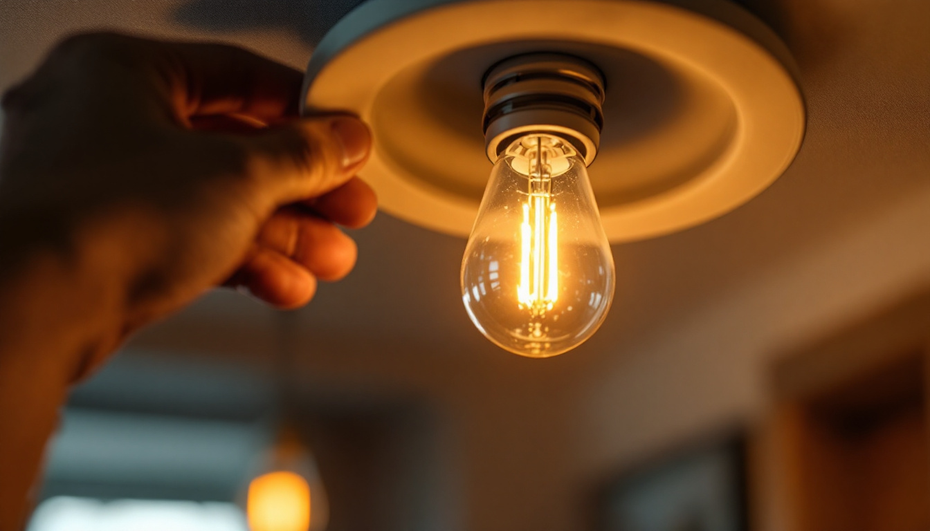 A photograph of a close-up of a modern led replacement light bulb being installed in a can light fixture