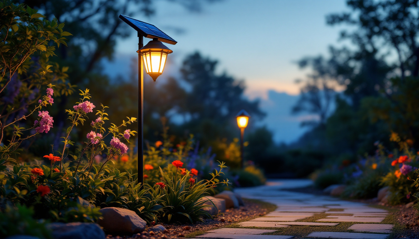 A photograph of a solar lamp pole illuminating a beautifully landscaped garden or pathway at dusk