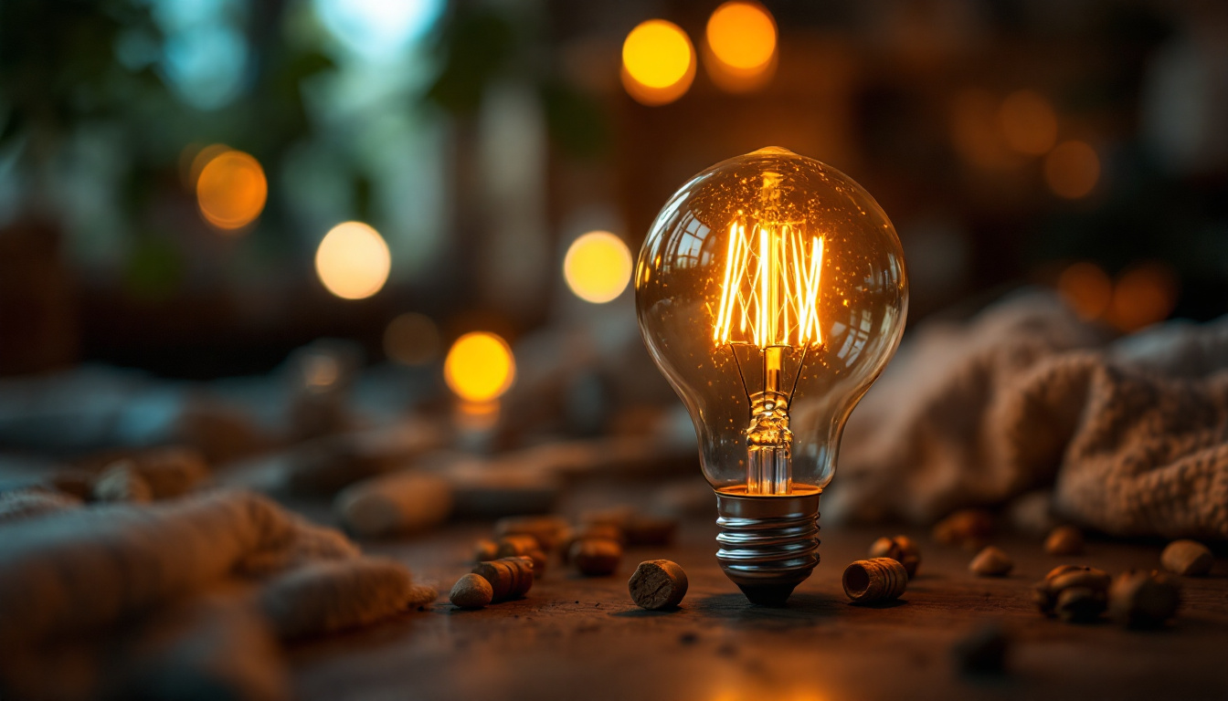A photograph of a glowing 120-volt light bulb in a cozy