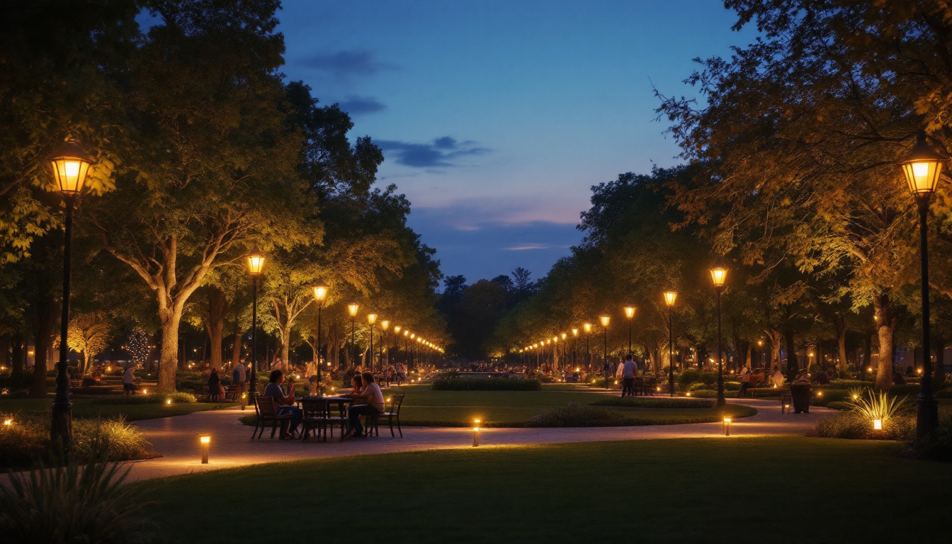 A photograph of a beautifully illuminated park at dusk