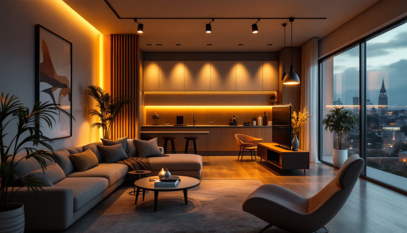 A photograph of a modern residential and commercial space showcasing efficient lighting solutions