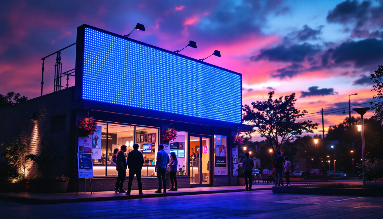 A photograph of a vibrant outdoor led sign illuminating a storefront or public space during twilight