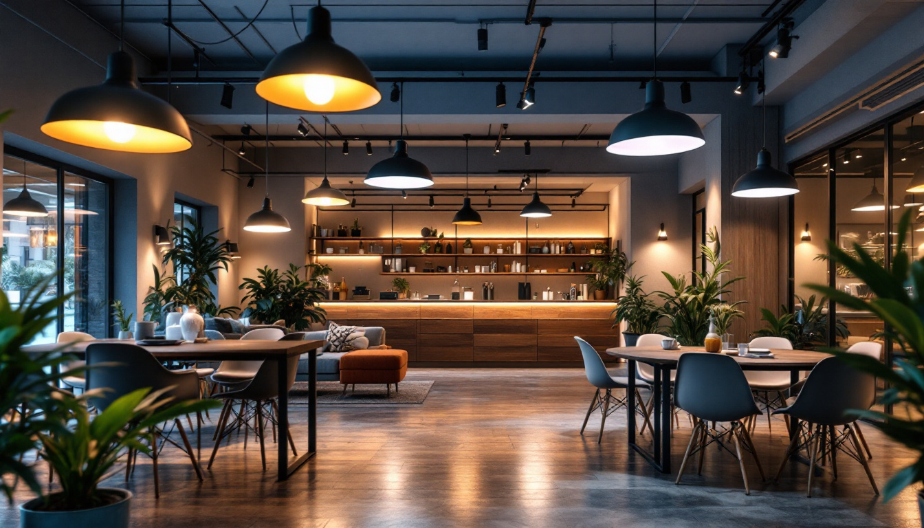 A photograph of a well-lit commercial space showcasing various led lighting fixtures in use