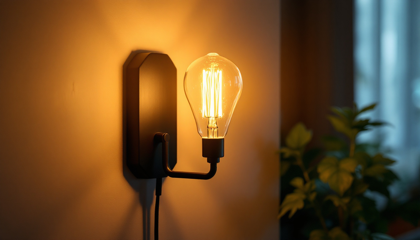 A photograph of a stylishly designed 60-watt incandescent wall lamp illuminated in a cozy