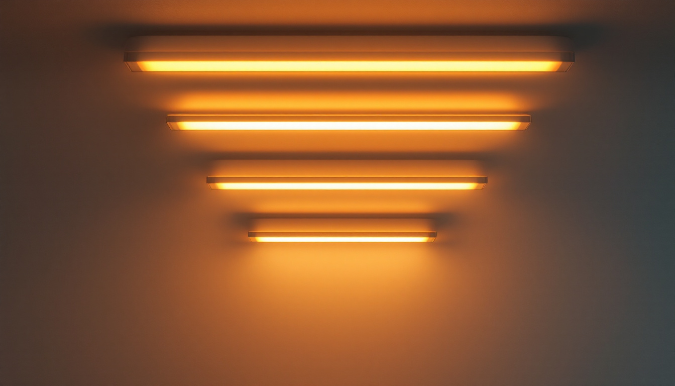 A photograph of a modern residential or commercial space showcasing the warm glow and sleek design of 4-foot fluorescent lighting fixtures