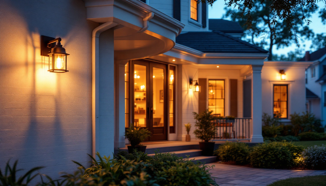 A photograph of a beautifully illuminated front porch featuring a variety of stylish light fixtures