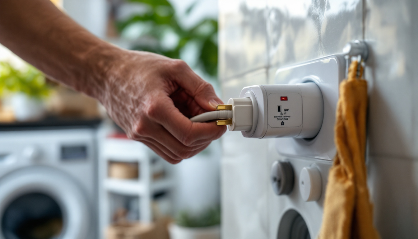 A photograph of a close-up of a washing machine plug being inserted into an outlet