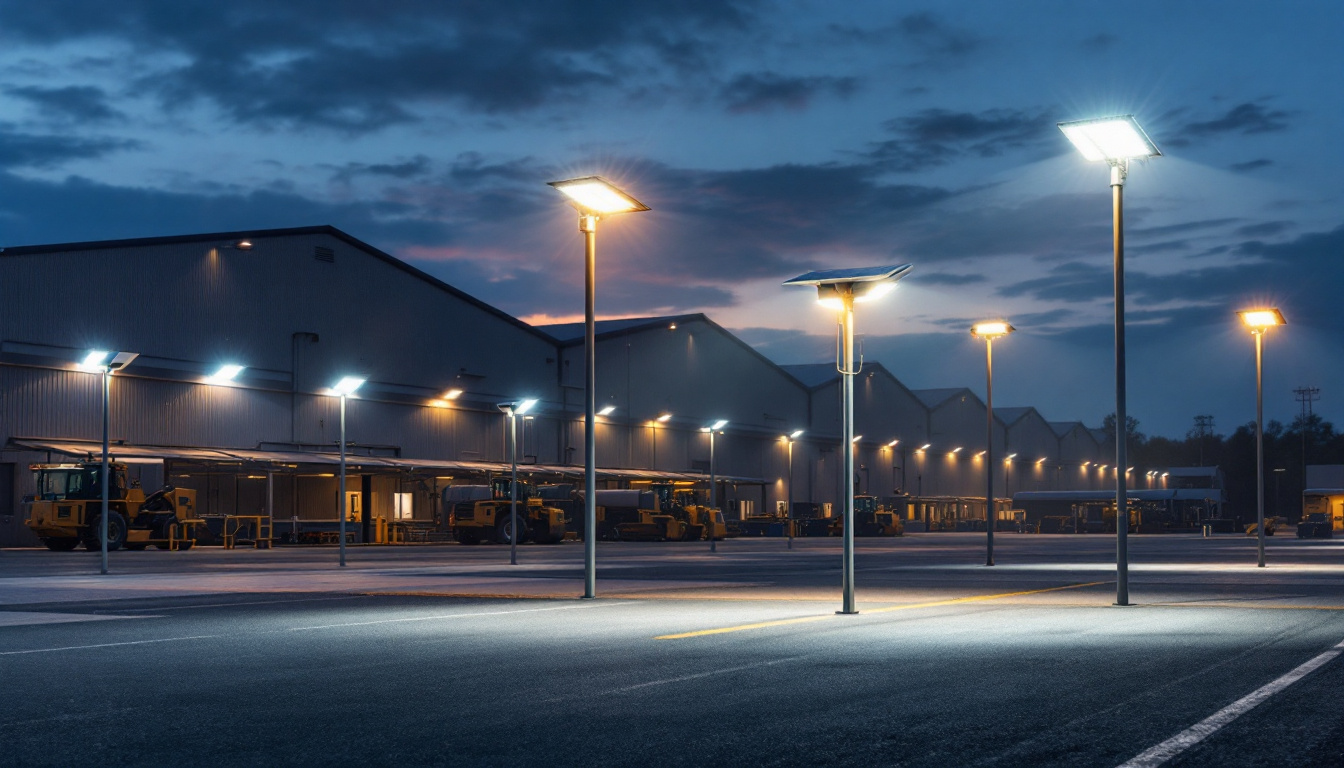 A photograph of a well-lit industrial or commercial outdoor space at dusk