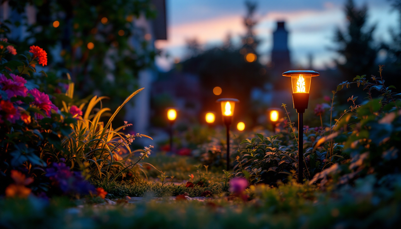 A photograph of a beautifully illuminated garden scene at dusk