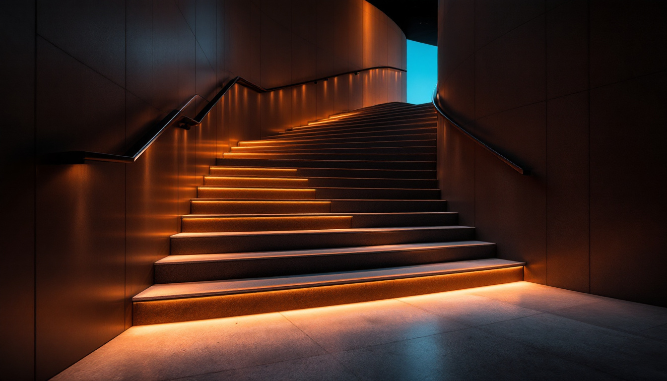 A photograph of a beautifully illuminated stairway featuring innovative lighting designs