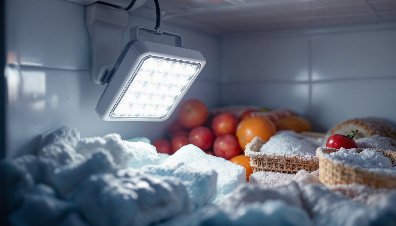 A photograph of a well-lit portable led light inside a freezer