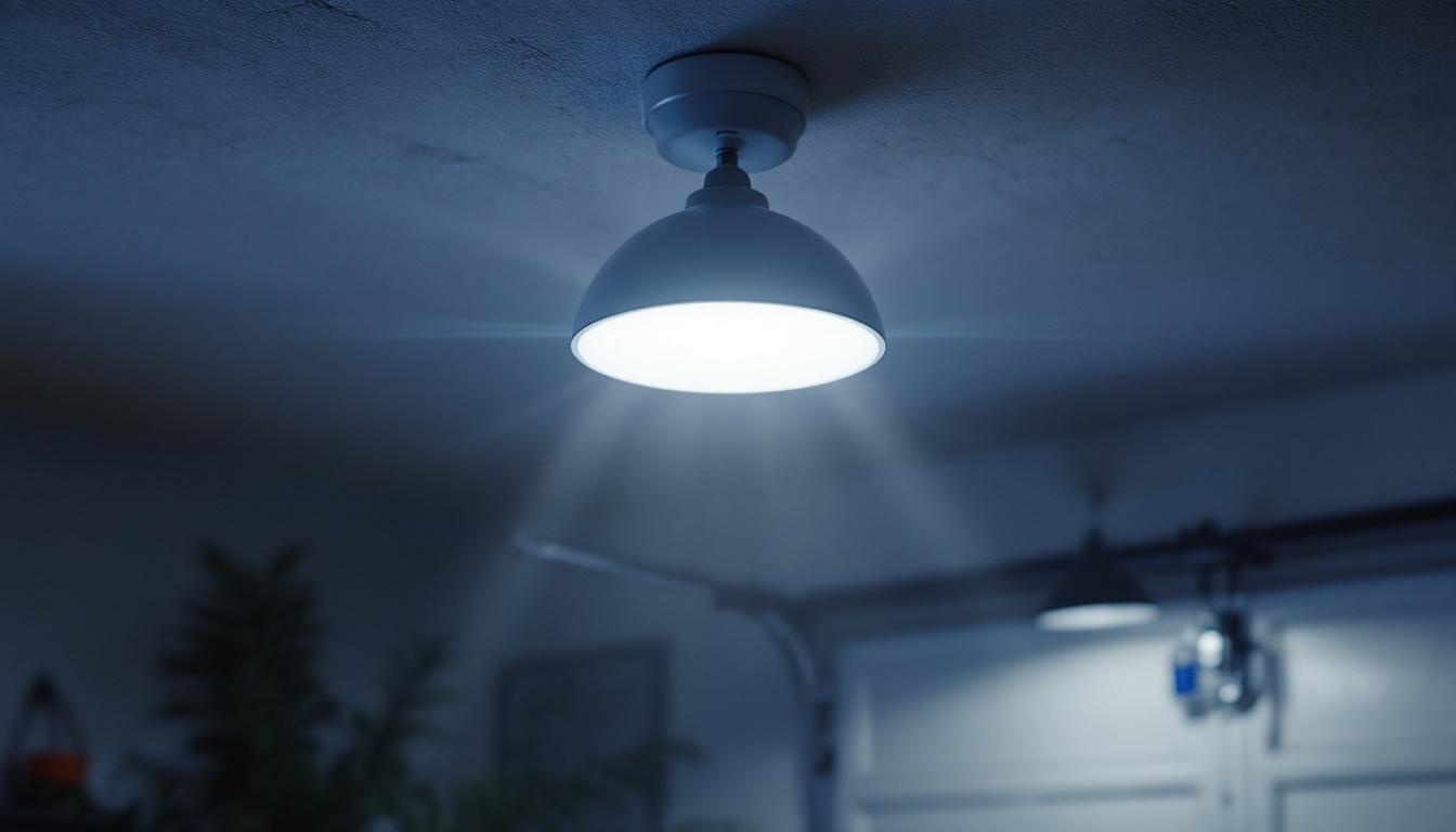 A photograph of a stylish and modern garage light fixture installed in a well-lit residential garage