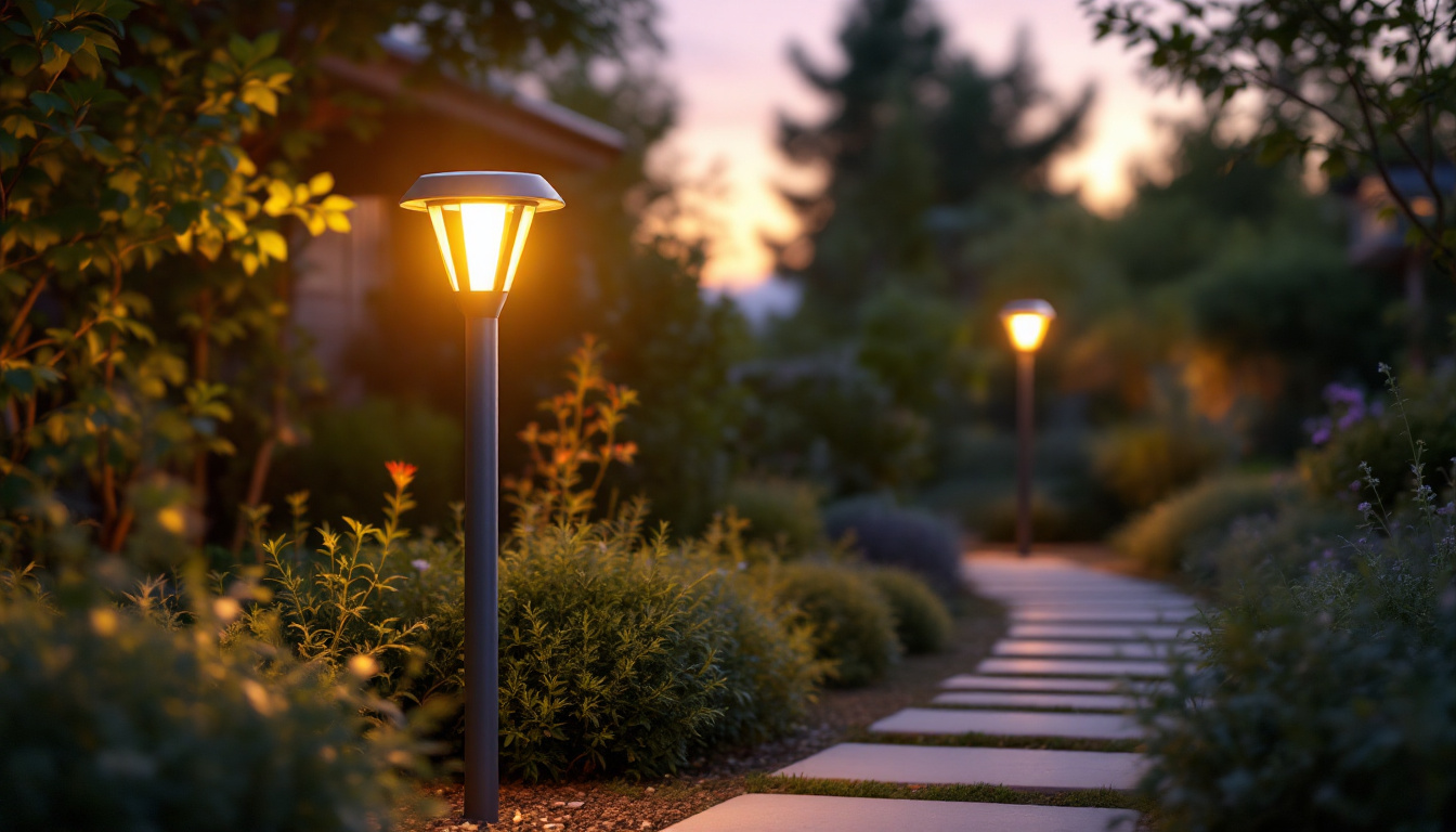 A photograph of a beautifully illuminated solar outdoor post light in a serene garden setting at dusk