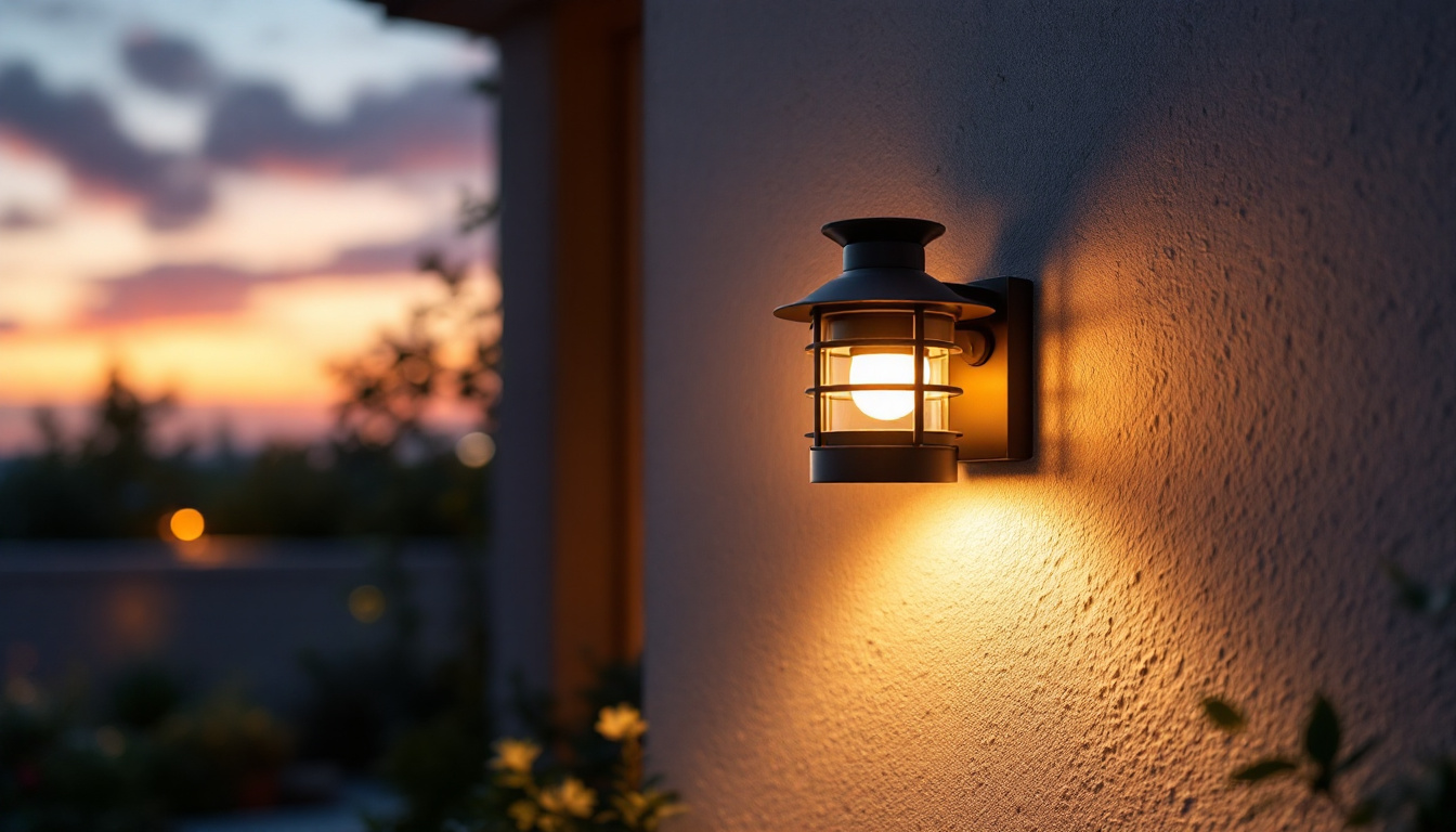 A photograph of a beautifully designed outdoor wall light illuminating a cozy patio or garden space during twilight