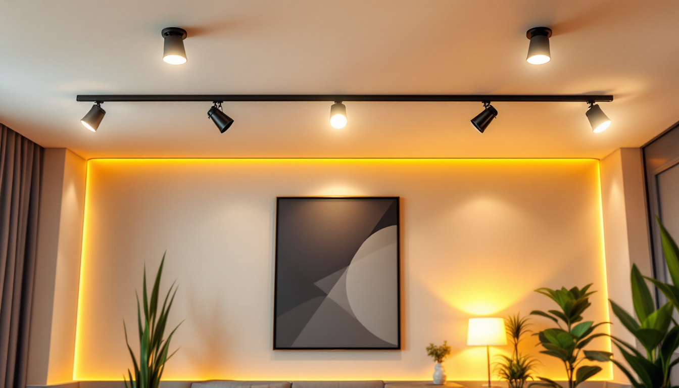 A photograph of a beautifully designed room showcasing stylish track lighting installed along the ceiling