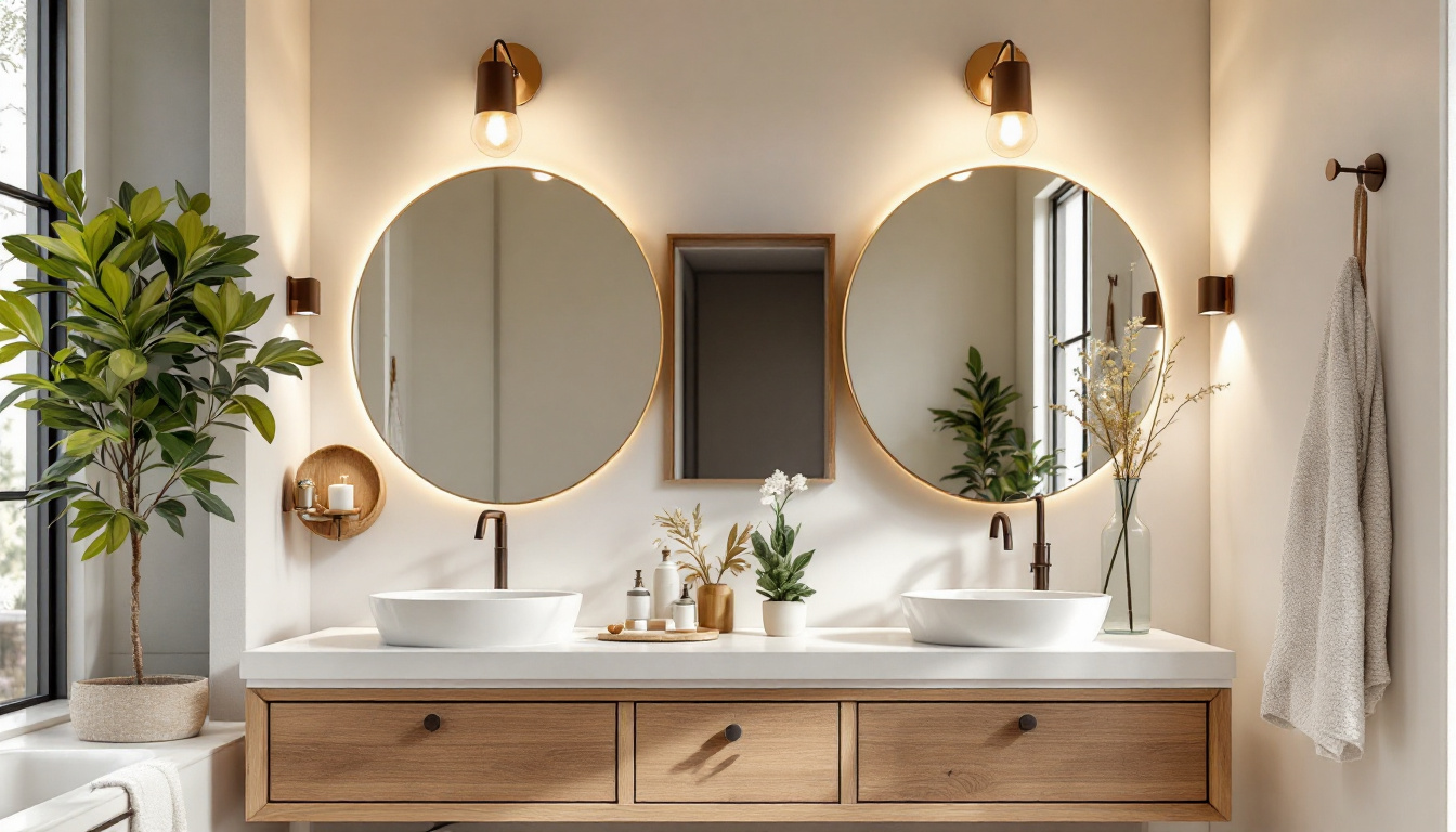 A photograph of a beautifully designed bathroom or dressing area featuring stylish vanity light fixtures that highlight the space's energy-efficient elements