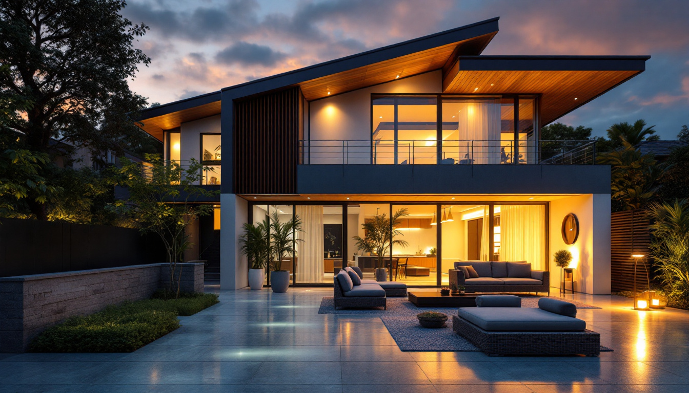 A photograph of a modern residential or commercial space showcasing a solar panel installation alongside energy-efficient led lighting